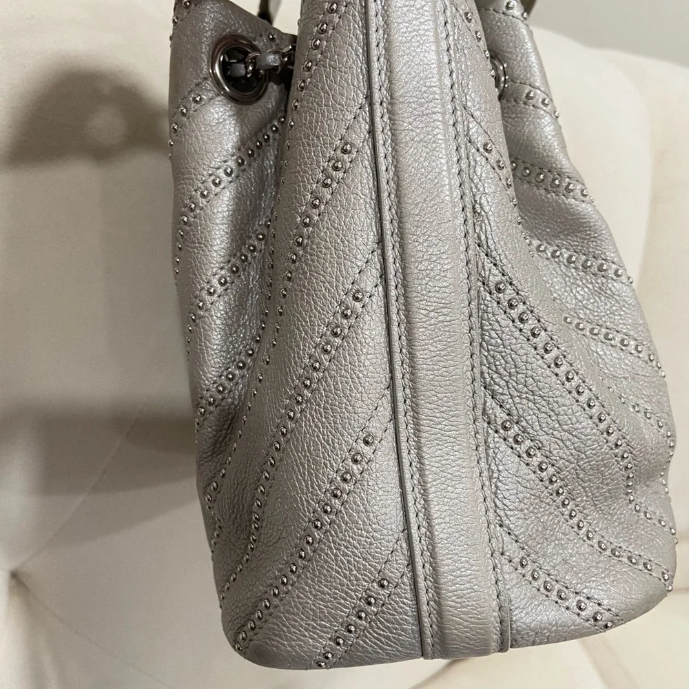 Chanel drawstring Metallic Calfskin Studded Chevron Quilted Crossbody - Picture 10 of 13